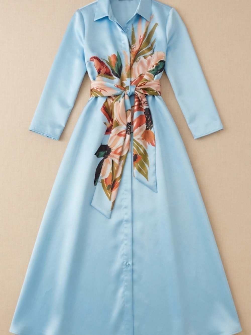 Blue Satin Maxi Dress with Floral Sash